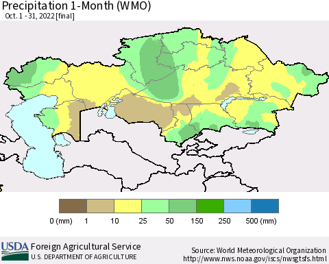 Kazakhstan Precipitation 1-Month (WMO) Thematic Map For 10/1/2022 - 10/31/2022