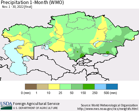 Kazakhstan Precipitation 1-Month (WMO) Thematic Map For 11/1/2022 - 11/30/2022