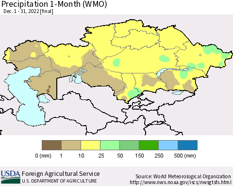 Kazakhstan Precipitation 1-Month (WMO) Thematic Map For 12/1/2022 - 12/31/2022