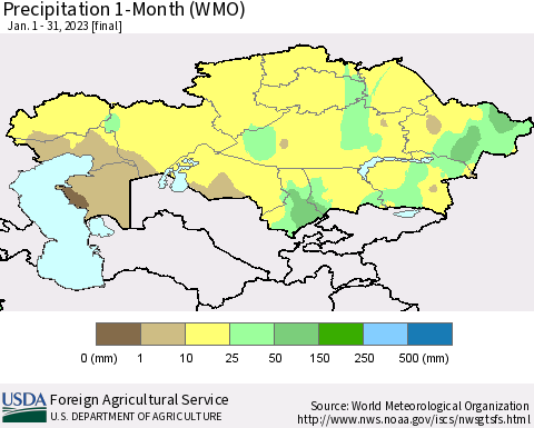 Kazakhstan Precipitation 1-Month (WMO) Thematic Map For 1/1/2023 - 1/31/2023