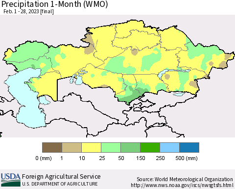 Kazakhstan Precipitation 1-Month (WMO) Thematic Map For 2/1/2023 - 2/28/2023
