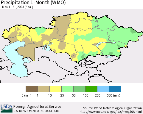 Kazakhstan Precipitation 1-Month (WMO) Thematic Map For 3/1/2023 - 3/31/2023