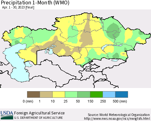 Kazakhstan Precipitation 1-Month (WMO) Thematic Map For 4/1/2023 - 4/30/2023
