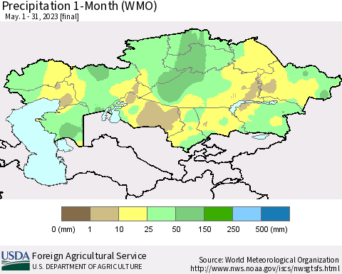 Kazakhstan Precipitation 1-Month (WMO) Thematic Map For 5/1/2023 - 5/31/2023