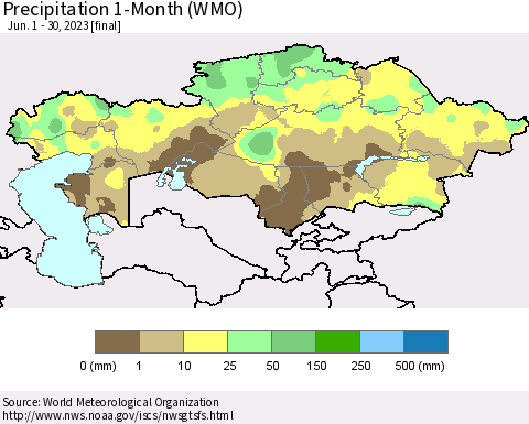 Kazakhstan Precipitation 1-Month (WMO) Thematic Map For 6/1/2023 - 6/30/2023