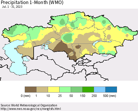 Kazakhstan Precipitation 1-Month (WMO) Thematic Map For 7/1/2023 - 7/31/2023