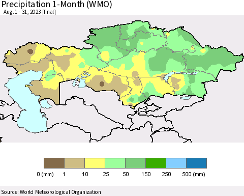 Kazakhstan Precipitation 1-Month (WMO) Thematic Map For 8/1/2023 - 8/31/2023
