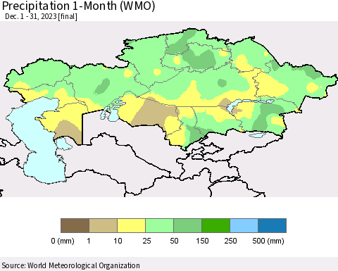 Kazakhstan Precipitation 1-Month (WMO) Thematic Map For 12/1/2023 - 12/31/2023
