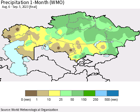 Kazakhstan Precipitation 1-Month (WMO) Thematic Map For 8/6/2023 - 9/5/2023