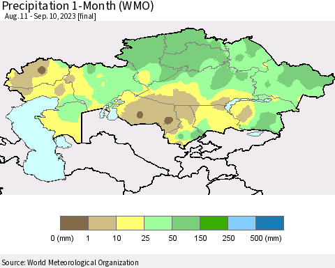 Kazakhstan Precipitation 1-Month (WMO) Thematic Map For 8/11/2023 - 9/10/2023