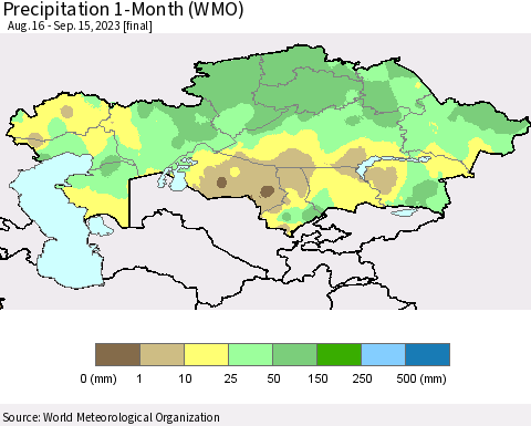 Kazakhstan Precipitation 1-Month (WMO) Thematic Map For 8/16/2023 - 9/15/2023