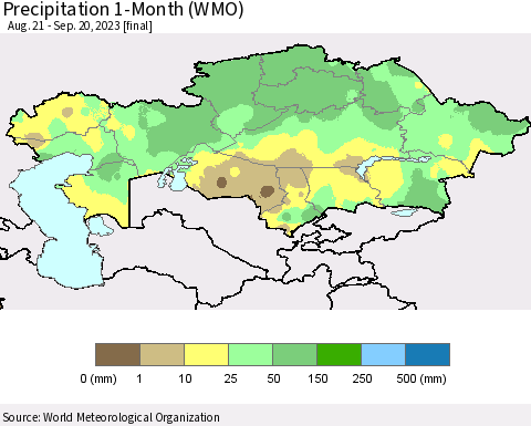 Kazakhstan Precipitation 1-Month (WMO) Thematic Map For 8/21/2023 - 9/20/2023