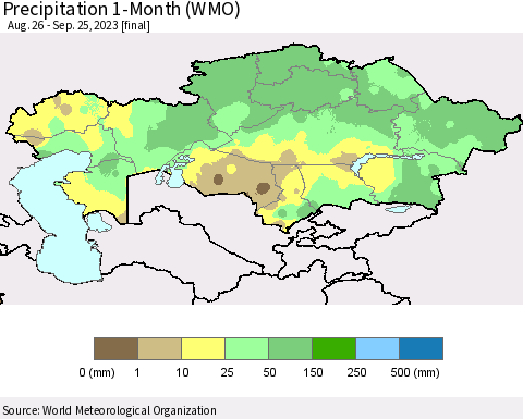 Kazakhstan Precipitation 1-Month (WMO) Thematic Map For 8/26/2023 - 9/25/2023
