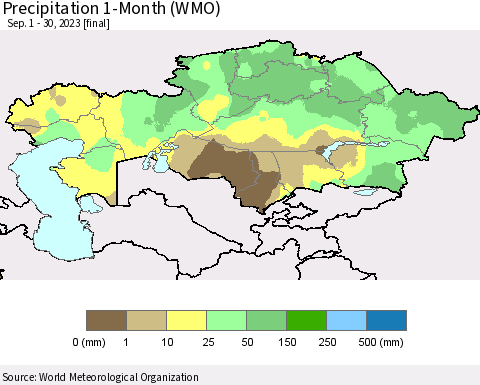 Kazakhstan Precipitation 1-Month (WMO) Thematic Map For 9/1/2023 - 9/30/2023