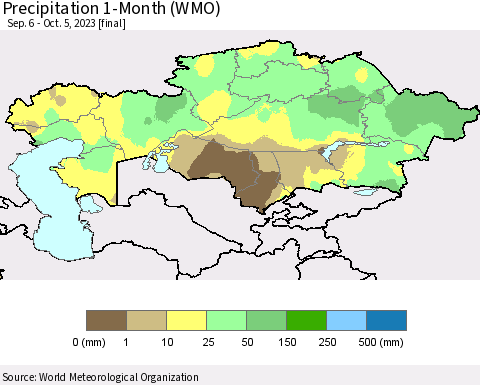 Kazakhstan Precipitation 1-Month (WMO) Thematic Map For 9/6/2023 - 10/5/2023