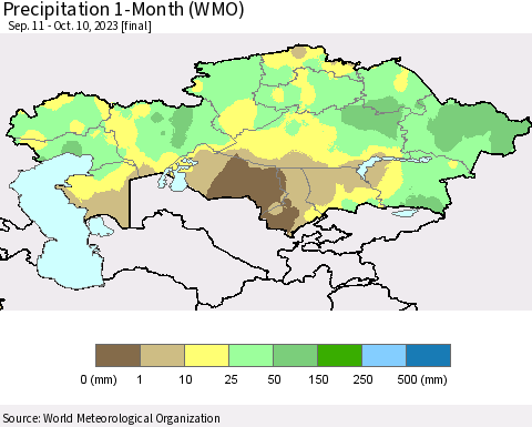 Kazakhstan Precipitation 1-Month (WMO) Thematic Map For 9/11/2023 - 10/10/2023