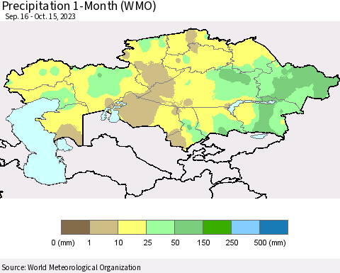 Kazakhstan Precipitation 1-Month (WMO) Thematic Map For 9/16/2023 - 10/15/2023