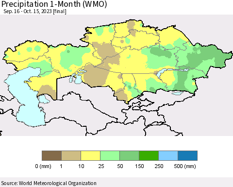 Kazakhstan Precipitation 1-Month (WMO) Thematic Map For 9/16/2023 - 10/15/2023