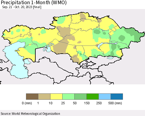 Kazakhstan Precipitation 1-Month (WMO) Thematic Map For 9/21/2023 - 10/20/2023