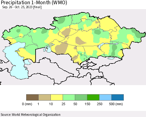 Kazakhstan Precipitation 1-Month (WMO) Thematic Map For 9/26/2023 - 10/25/2023