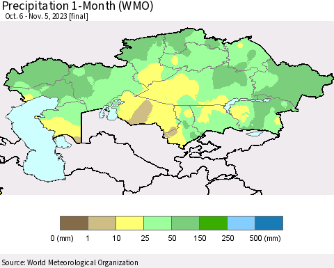 Kazakhstan Precipitation 1-Month (WMO) Thematic Map For 10/6/2023 - 11/5/2023