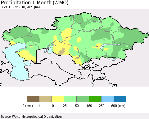 Kazakhstan Precipitation 1-Month (WMO) Thematic Map For 10/11/2023 - 11/10/2023