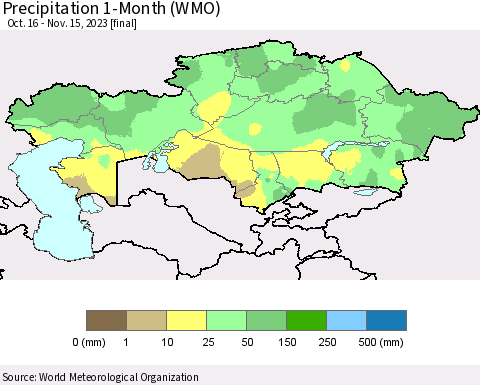 Kazakhstan Precipitation 1-Month (WMO) Thematic Map For 10/16/2023 - 11/15/2023