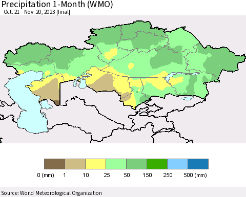 Kazakhstan Precipitation 1-Month (WMO) Thematic Map For 10/21/2023 - 11/20/2023