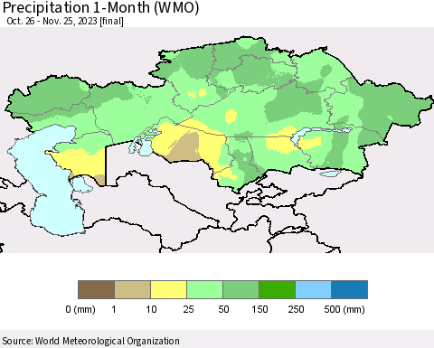 Kazakhstan Precipitation 1-Month (WMO) Thematic Map For 10/26/2023 - 11/25/2023