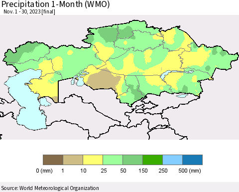 Kazakhstan Precipitation 1-Month (WMO) Thematic Map For 11/1/2023 - 11/30/2023