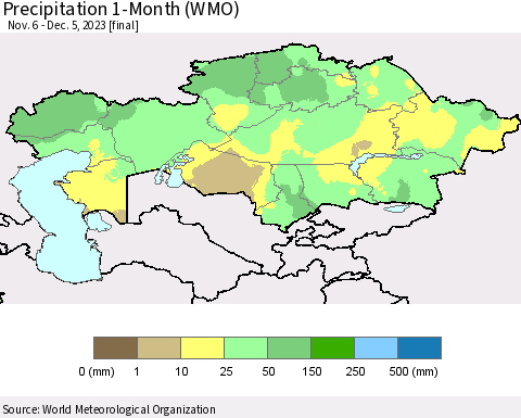 Kazakhstan Precipitation 1-Month (WMO) Thematic Map For 11/6/2023 - 12/5/2023