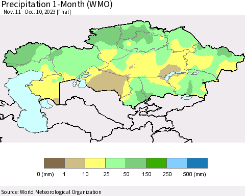 Kazakhstan Precipitation 1-Month (WMO) Thematic Map For 11/11/2023 - 12/10/2023