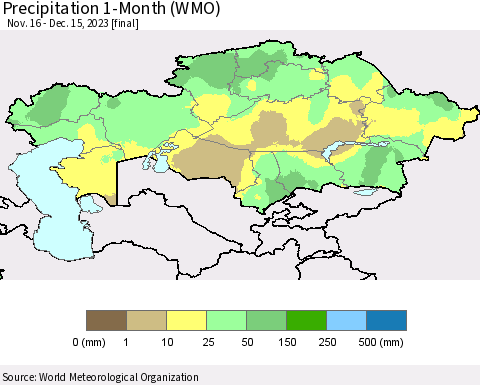 Kazakhstan Precipitation 1-Month (WMO) Thematic Map For 11/16/2023 - 12/15/2023