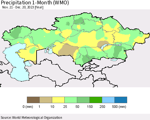 Kazakhstan Precipitation 1-Month (WMO) Thematic Map For 11/21/2023 - 12/20/2023