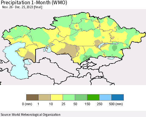 Kazakhstan Precipitation 1-Month (WMO) Thematic Map For 11/26/2023 - 12/25/2023