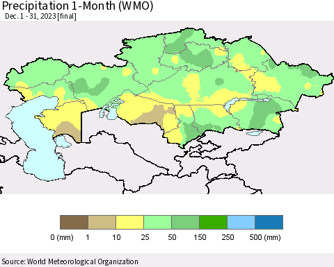 Kazakhstan Precipitation 1-Month (WMO) Thematic Map For 12/1/2023 - 12/31/2023