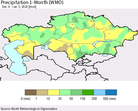 Kazakhstan Precipitation 1-Month (WMO) Thematic Map For 12/6/2023 - 1/5/2024