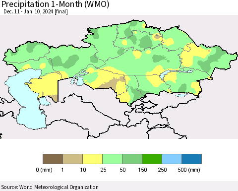 Kazakhstan Precipitation 1-Month (WMO) Thematic Map For 12/11/2023 - 1/10/2024