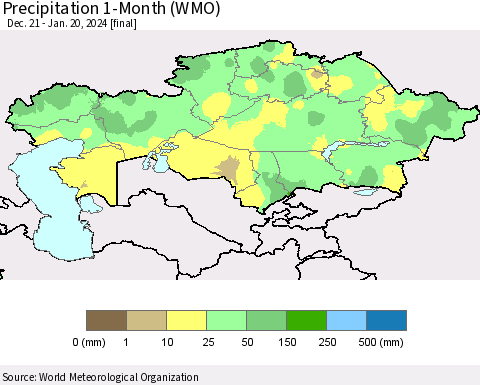 Kazakhstan Precipitation 1-Month (WMO) Thematic Map For 12/21/2023 - 1/20/2024