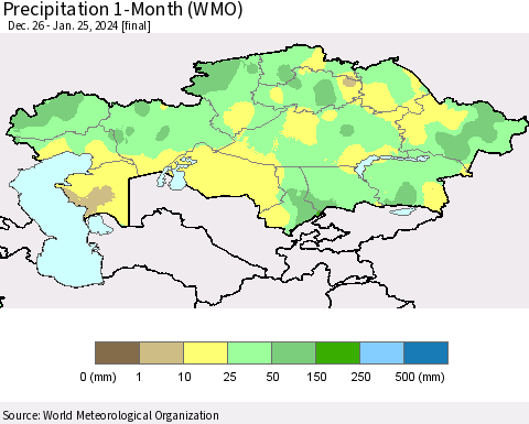 Kazakhstan Precipitation 1-Month (WMO) Thematic Map For 12/26/2023 - 1/25/2024