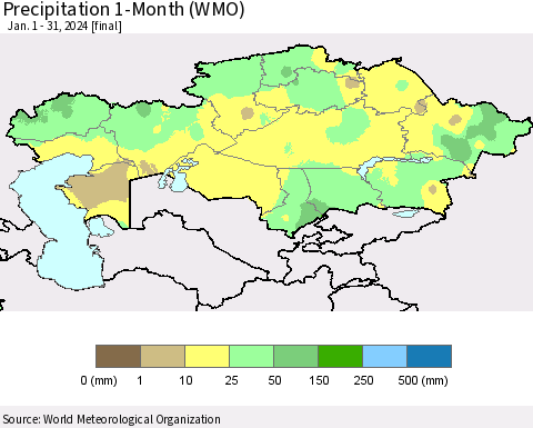 Kazakhstan Precipitation 1-Month (WMO) Thematic Map For 1/1/2024 - 1/31/2024