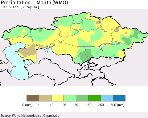 Kazakhstan Precipitation 1-Month (WMO) Thematic Map For 1/6/2024 - 2/5/2024