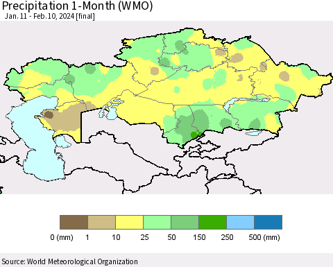 Kazakhstan Precipitation 1-Month (WMO) Thematic Map For 1/11/2024 - 2/10/2024