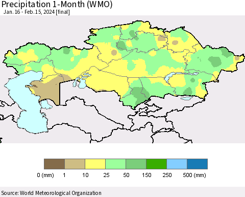 Kazakhstan Precipitation 1-Month (WMO) Thematic Map For 1/16/2024 - 2/15/2024