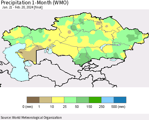 Kazakhstan Precipitation 1-Month (WMO) Thematic Map For 1/21/2024 - 2/20/2024