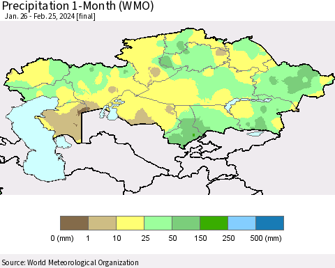 Kazakhstan Precipitation 1-Month (WMO) Thematic Map For 1/26/2024 - 2/25/2024