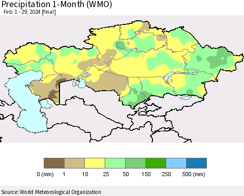 Kazakhstan Precipitation 1-Month (WMO) Thematic Map For 2/1/2024 - 2/29/2024