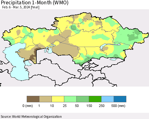 Kazakhstan Precipitation 1-Month (WMO) Thematic Map For 2/6/2024 - 3/5/2024