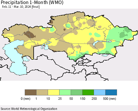 Kazakhstan Precipitation 1-Month (WMO) Thematic Map For 2/11/2024 - 3/10/2024