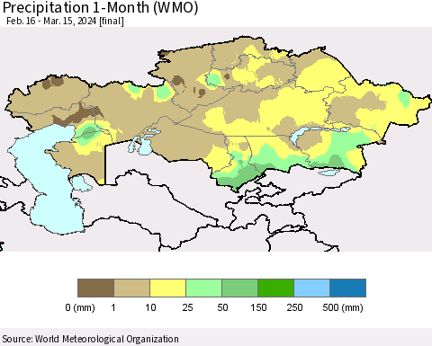 Kazakhstan Precipitation 1-Month (WMO) Thematic Map For 2/16/2024 - 3/15/2024